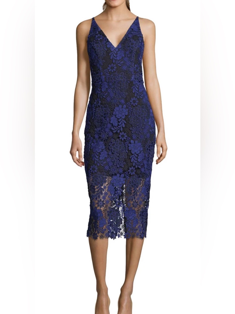 Xscape Royal Blue Floral Lace Midi Dress